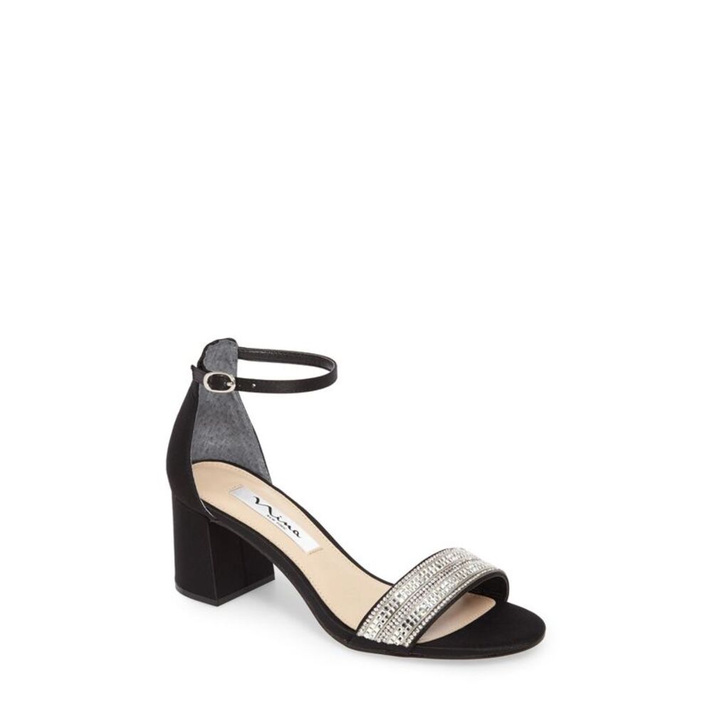 NINA Womens Black Crystal Embellishment Elenora Block Heel Leather Sandals 5.5 M